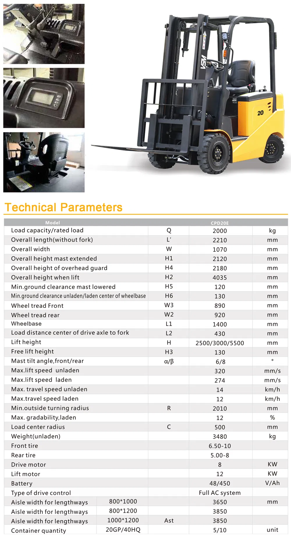 2ton 2t 2000kg Counterbalance Electric Forklift, Optional Side Shifter