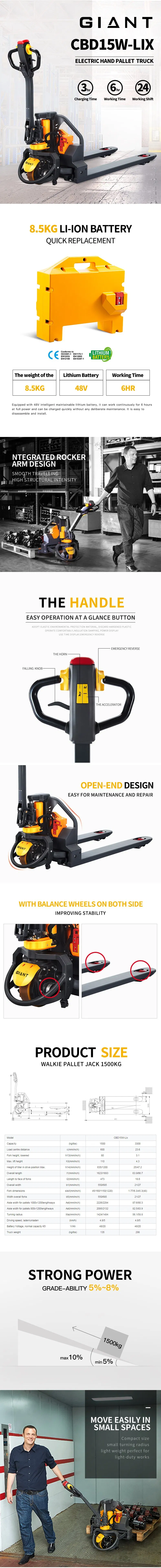 China Supplier Lithium Powered Pallet Jack Full Electric Pallet Truck for Warehouse (CBD15W-Lix)