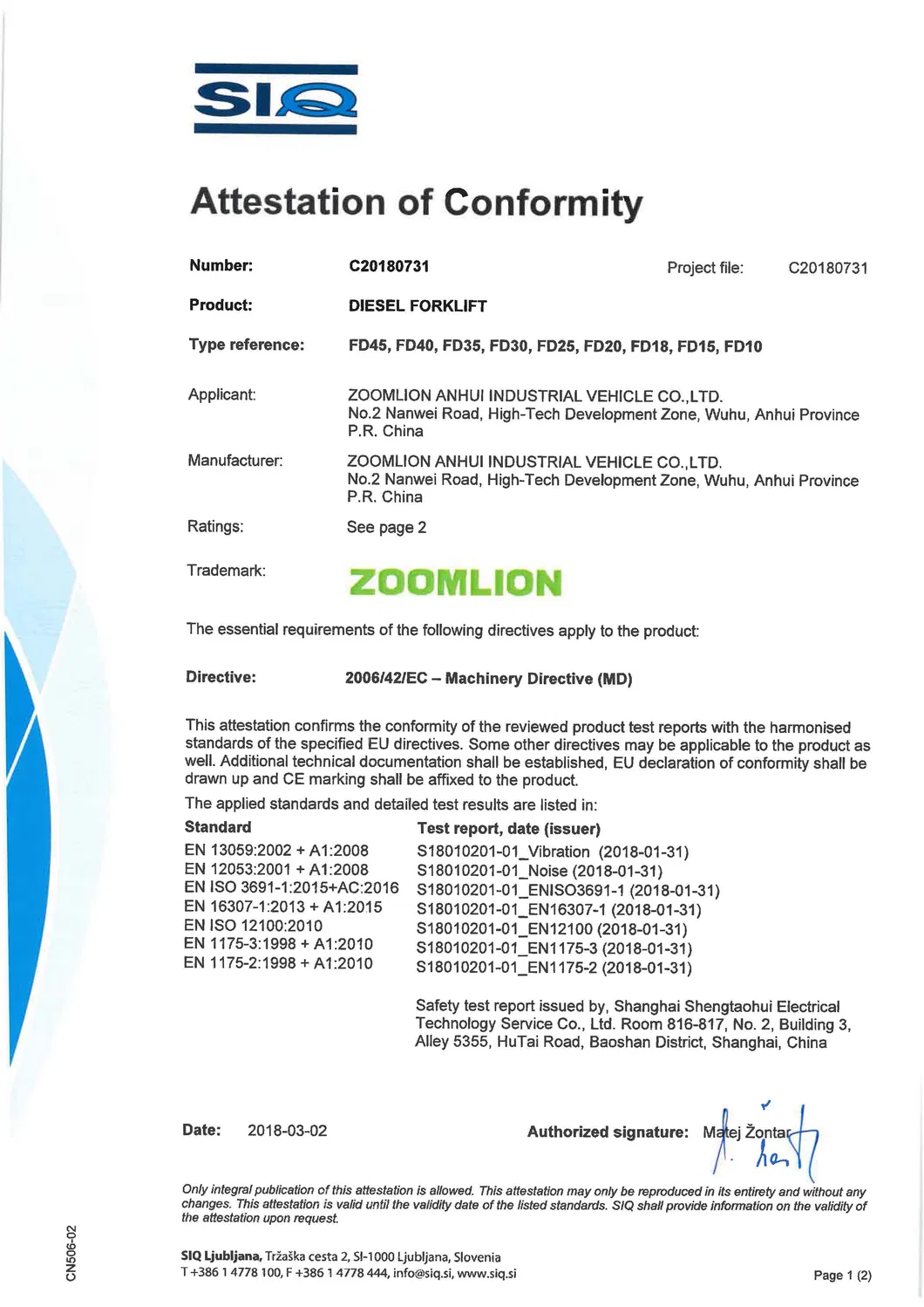 Zoomlion Factory Great Forklift Strong Power Diesel Forklift