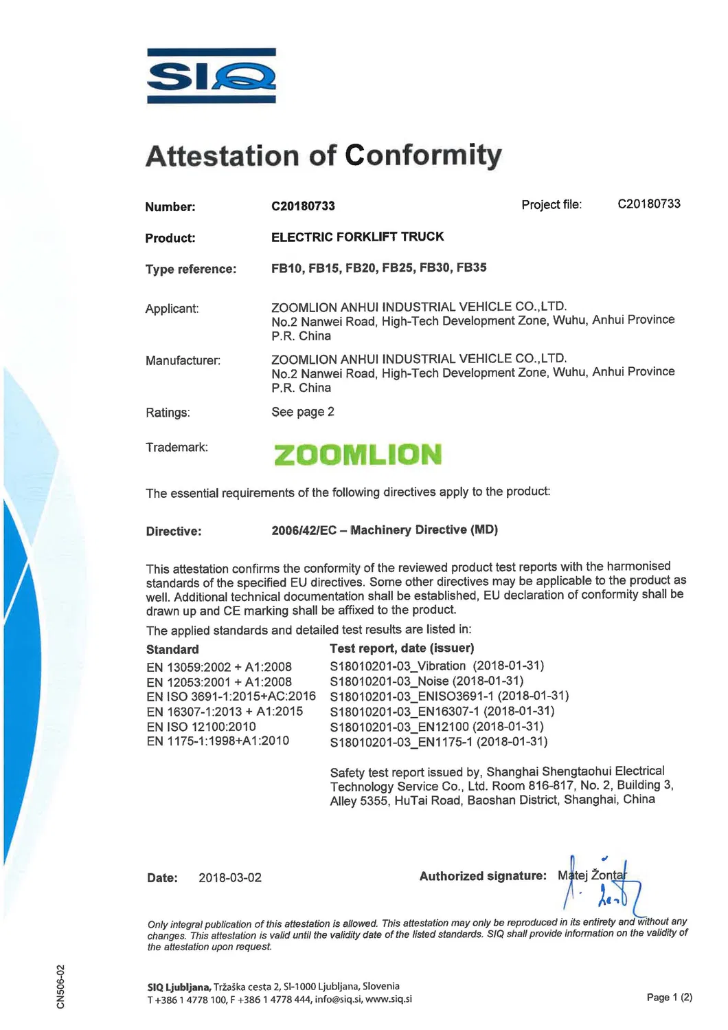 Zoomlion Factory Great Forklift Strong Power Diesel Forklift